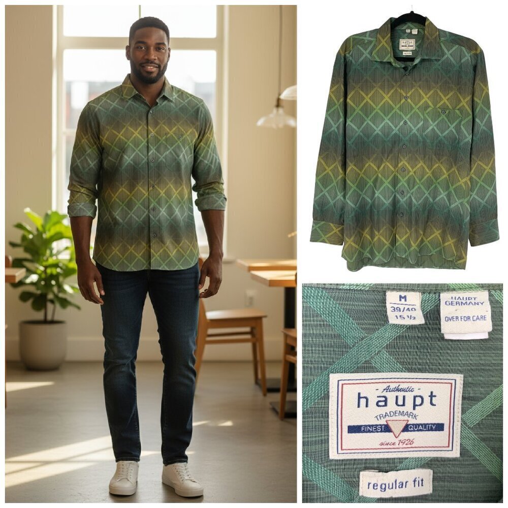 Haupt Germany Men's Sz M Green Ombre Lattice Print Button Front Shirt